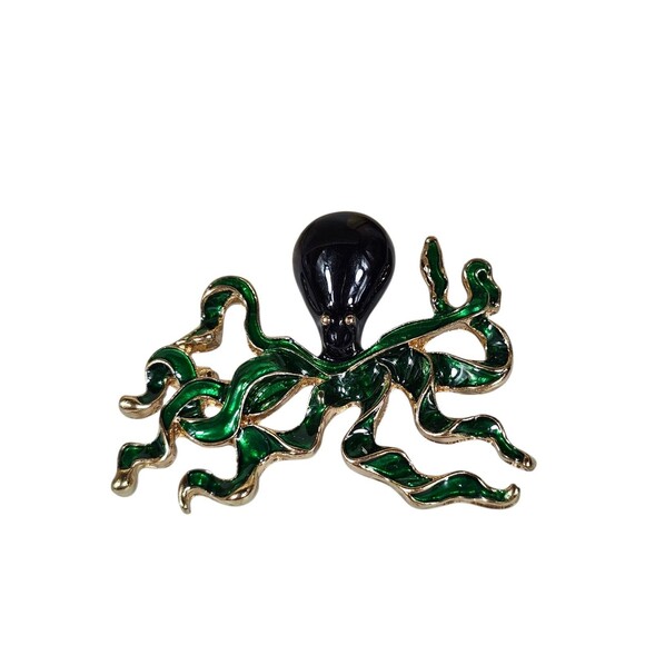 OCTOPUS PIN WITH BLACK AND GREEN ENAMEL SET IN GOLD TONED STAINLESS STEEL - Picture 3 of 9